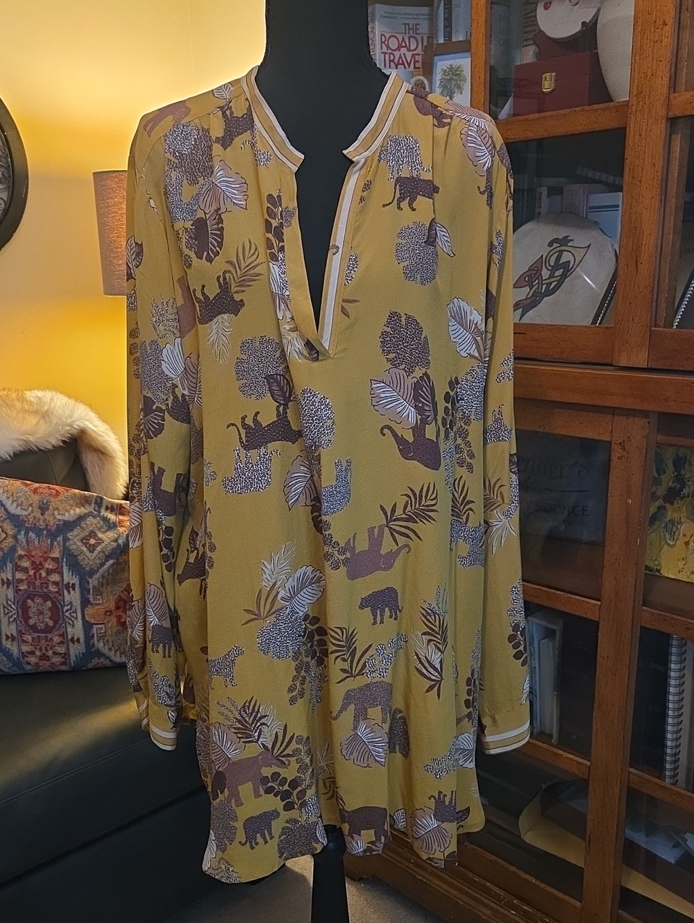Johnny Was Mustard Animal & Botanical Print Chemise with Contrast Trim